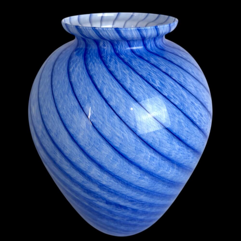 Italian Art Glass Swirl Vase Blue & White Murano Style Hand Blown Made in Italy